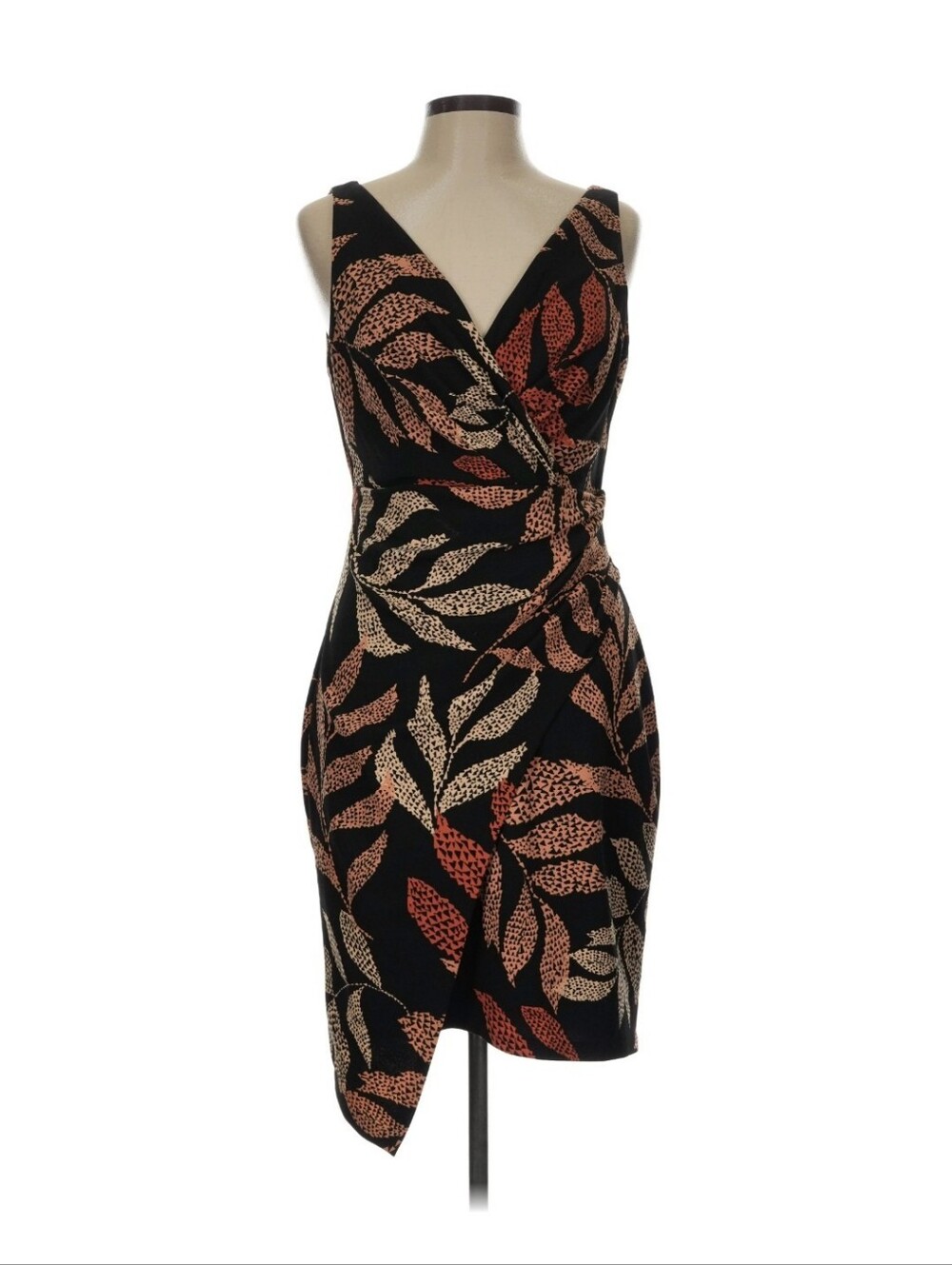 Guess brand, Sleeveless Black Wrap Dress with Red and Cream Leaf Print